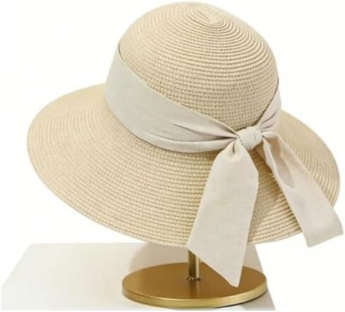 Foldable Wide Brim Straw Sun Hat for Women, UV Protection Packable Travel Summer Beach Hat Cream Color Lightweight Outdoor Festival Sun Hat in Kuwait