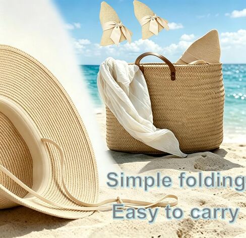 Foldable Wide Brim Straw Sun Hat for Women, UV Protection Packable Travel Summer Beach Hat Cream Color Lightweight Outdoor Festival Sun Hat in Kuwait