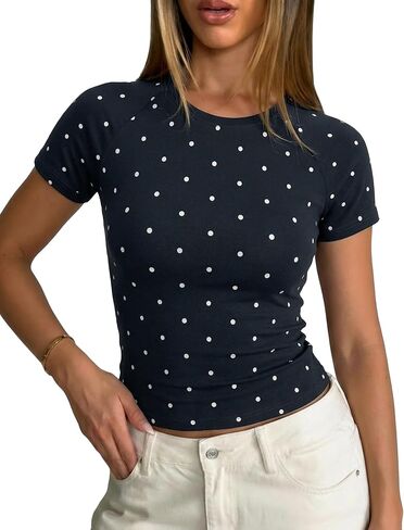 Women's Crew Neck Short Sleeve T Shirts Polka Dot Top Casual Fitted Soft Stretchy Summer Basic Tees Going Out in Saudi Arabia