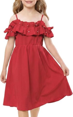 Tween Girls Summer Spaghetti Strap Off the Cold Shoulder Pearl Beads Ruffle Elastic Waist A Line Midi Party Dress for 8-12Y in Saudi Arabia