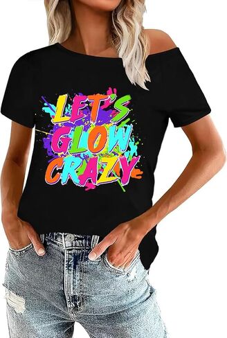 قمصان 80s للنساء قميص Let's Glow Crazy قبالة الكتف قميص نيون عتيق 90s 80s ملابس الحفلات تحت عنوان in Kuwait