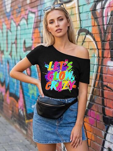 قمصان 80s للنساء قميص Let's Glow Crazy قبالة الكتف قميص نيون عتيق 90s 80s ملابس الحفلات تحت عنوان in Kuwait