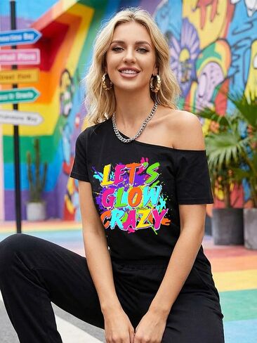 قمصان 80s للنساء قميص Let's Glow Crazy قبالة الكتف قميص نيون عتيق 90s 80s ملابس الحفلات تحت عنوان in Kuwait