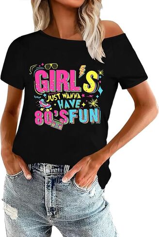 80s Shirts for Women Let's Glow Crazy Shirt Off The Shoulder Neon Top Vintage 90s 80s Themed Party Outfits in Saudi Arabia