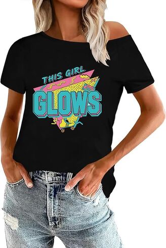 قمصان 80s للنساء قميص Let's Glow Crazy قبالة الكتف قميص نيون عتيق 90s 80s ملابس الحفلات تحت عنوان in Kuwait
