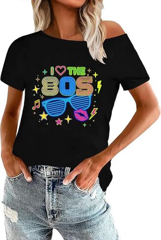 قمصان 80s للنساء قميص Let's Glow Crazy قبالة الكتف قميص نيون عتيق 90s 80s ملابس الحفلات تحت عنوان in Kuwait