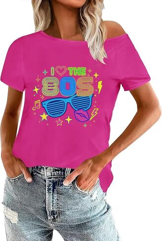 قمصان 80s للنساء قميص Let's Glow Crazy قبالة الكتف قميص نيون عتيق 90s 80s ملابس الحفلات تحت عنوان in Kuwait