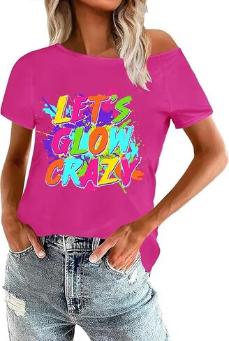 قمصان 80s للنساء قميص Let's Glow Crazy قبالة الكتف قميص نيون عتيق 90s 80s ملابس الحفلات تحت عنوان in Kuwait
