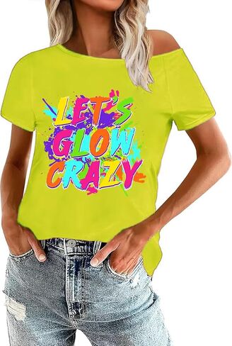 قمصان 80s للنساء قميص Let's Glow Crazy قبالة الكتف قميص نيون عتيق 90s 80s ملابس الحفلات تحت عنوان in Kuwait