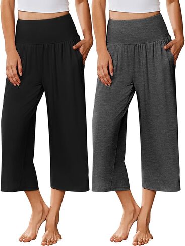 Ekouaer 2 Pack Womens Pajama Pants Wide Leg Capri Yoga Pants Lounge Comfy Sleep Pj Bottoms with Pockets in Kuwait