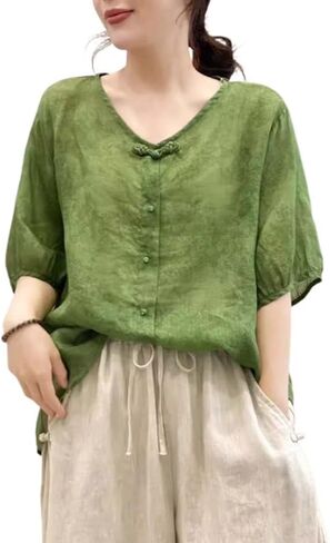 Summer Hanfu Cotton-Ramie Casual Loose Blouse 3/4 Sleeve V Neckline Chinese Traditional Clothes with Chinese Frog Button Tops A7 - M Green in Saudi Arabia