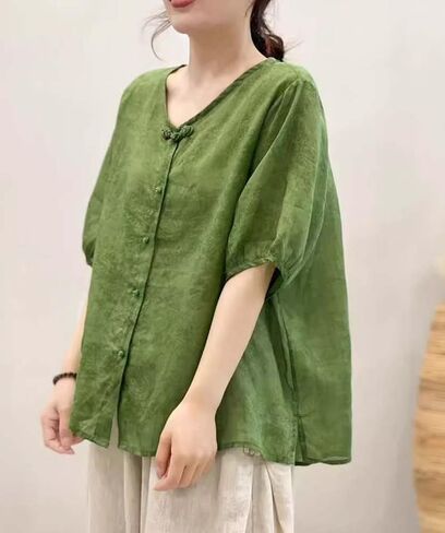 Summer Hanfu Cotton-Ramie Casual Loose Blouse 3/4 Sleeve V Neckline Chinese Traditional Clothes with Chinese Frog Button Tops A7 - M Green in Saudi Arabia