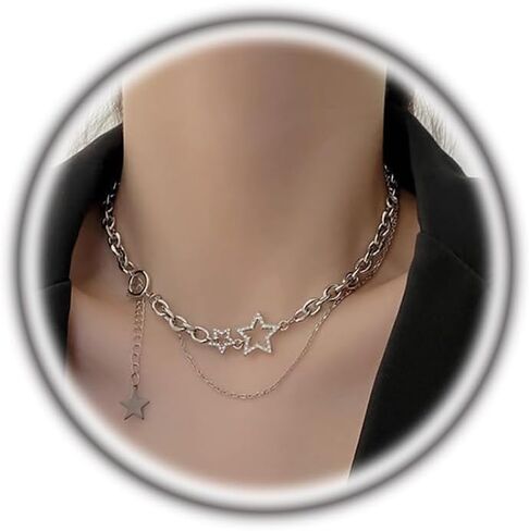 GIGB PBDK Y2k Silver Star Choker Necklace for Women,Cute Rhinestone Pentagram Chunky Chain Celestial Statement Necklaces,Aesthetic Punk Grunge Jewelry Gifts in Saudi Arabia
