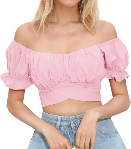 PUKAVT Women's Short Sleeve Crop Tops Summer Off Shoulder Blouses Ruffle Sexy Tie Back Top in Saudi Arabia