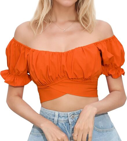 PUKAVT Women's Short Sleeve Crop Tops Summer Off Shoulder Blouses Ruffle Sexy Tie Back Top in Saudi Arabia
