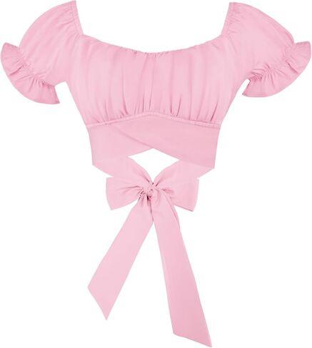 PUKAVT Women's Short Sleeve Crop Tops Summer Off Shoulder Blouses Ruffle Sexy Tie Back Top in Saudi Arabia