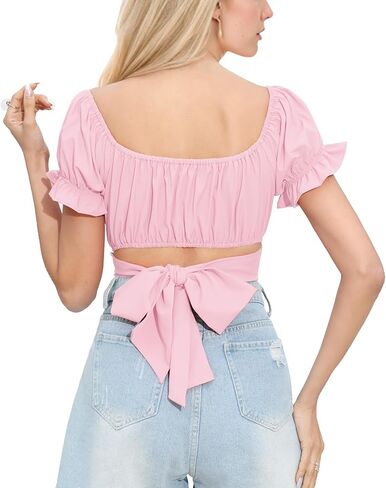 PUKAVT Women's Short Sleeve Crop Tops Summer Off Shoulder Blouses Ruffle Sexy Tie Back Top in Saudi Arabia