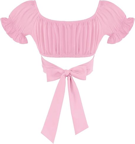 PUKAVT Women's Short Sleeve Crop Tops Summer Off Shoulder Blouses Ruffle Sexy Tie Back Top in Saudi Arabia