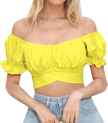 PUKAVT Women's Short Sleeve Crop Tops Summer Off Shoulder Blouses Ruffle Sexy Tie Back Top in Saudi Arabia