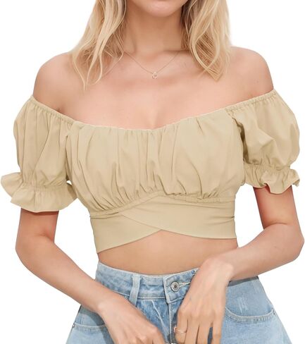 PUKAVT Women's Short Sleeve Crop Tops Summer Off Shoulder Blouses Ruffle Sexy Tie Back Top in Saudi Arabia