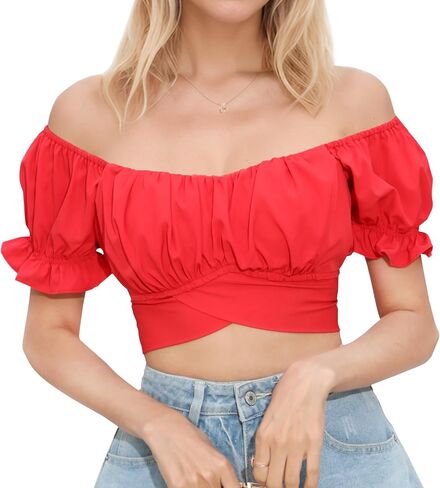 PUKAVT Women's Short Sleeve Crop Tops Summer Off Shoulder Blouses Ruffle Sexy Tie Back Top in Saudi Arabia