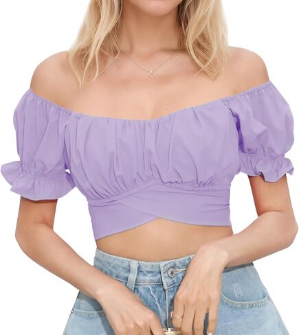 PUKAVT Women's Short Sleeve Crop Tops Summer Off Shoulder Blouses Ruffle Sexy Tie Back Top in Saudi Arabia