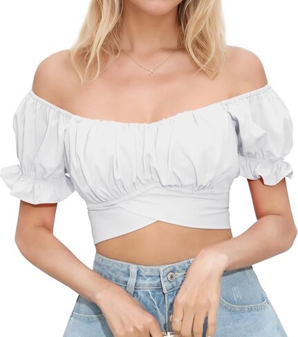 PUKAVT Women's Short Sleeve Crop Tops Summer Off Shoulder Blouses Ruffle Sexy Tie Back Top in Saudi Arabia
