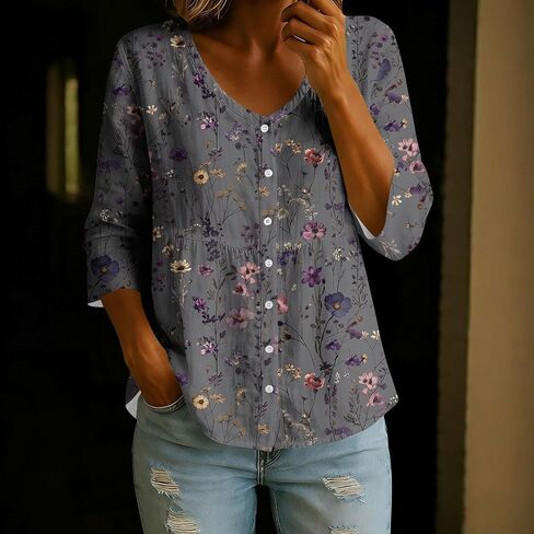 Linen Tops for Women 3/4 Sleeve V Neck Button up Tunic Shirt Loose Casual Summer Boho Peasant Blouse Vacation Clothes in Kuwait