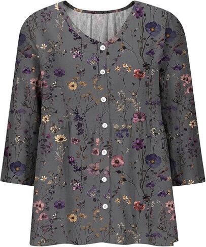 Linen Tops for Women 3/4 Sleeve V Neck Button up Tunic Shirt Loose Casual Summer Boho Peasant Blouse Vacation Clothes in Kuwait