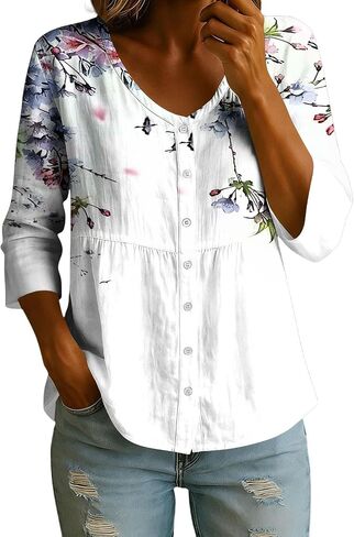 Linen Tops for Women 3/4 Sleeve V Neck Button up Tunic Shirt Loose Casual Summer Boho Peasant Blouse Vacation Clothes in Kuwait