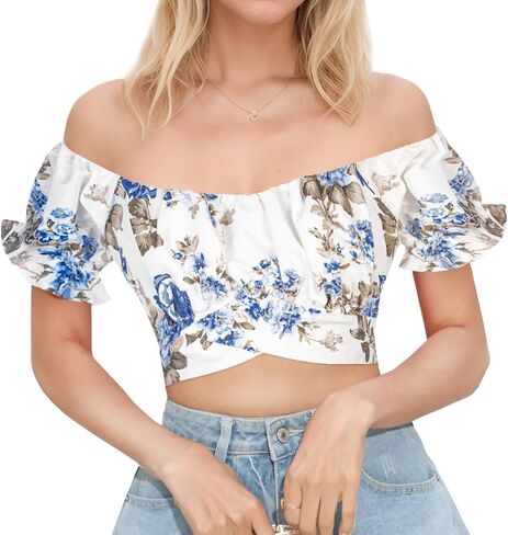 PUKAVT Women's Short Sleeve Crop Tops Summer Off Shoulder Blouses Ruffle Sexy Tie Back Top in Saudi Arabia