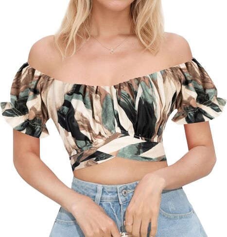 PUKAVT Women's Short Sleeve Crop Tops Summer Off Shoulder Blouses Ruffle Sexy Tie Back Top in Saudi Arabia