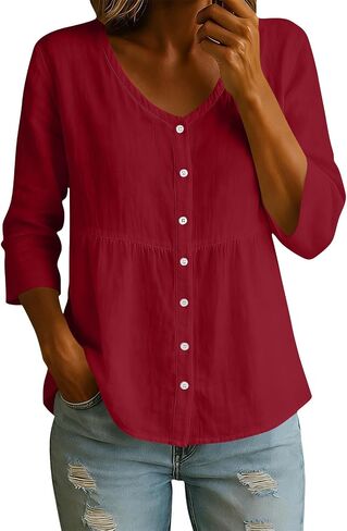 Linen Tops for Women 3/4 Sleeve V Neck Button up Tunic Shirt Loose Casual Summer Boho Peasant Blouse Vacation Clothes in Kuwait