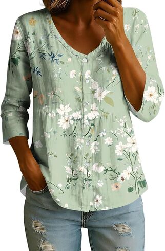 Linen Tops for Women 3/4 Sleeve V Neck Button up Tunic Shirt Loose Casual Summer Boho Peasant Blouse Vacation Clothes in Kuwait