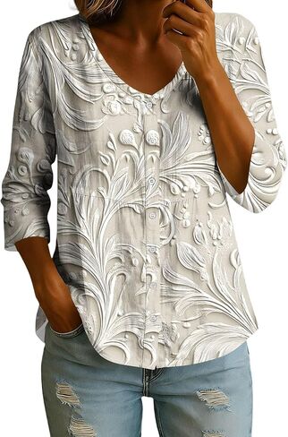 Linen Tops for Women 3/4 Sleeve V Neck Button up Tunic Shirt Loose Casual Summer Boho Peasant Blouse Vacation Clothes in Kuwait