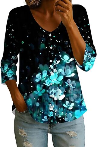 Linen Tops for Women 3/4 Sleeve V Neck Button up Tunic Shirt Loose Casual Summer Boho Peasant Blouse Vacation Clothes in Kuwait