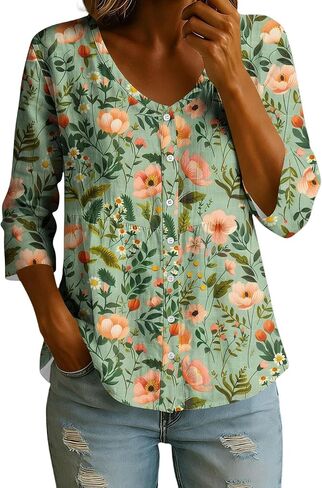 Linen Tops for Women 3/4 Sleeve V Neck Button up Tunic Shirt Loose Casual Summer Boho Peasant Blouse Vacation Clothes in Kuwait