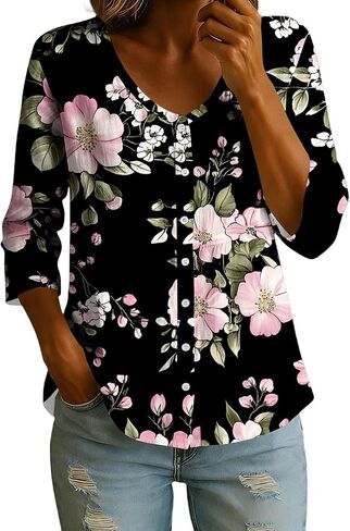 Linen Tops for Women 3/4 Sleeve V Neck Button up Tunic Shirt Loose Casual Summer Boho Peasant Blouse Vacation Clothes in Kuwait