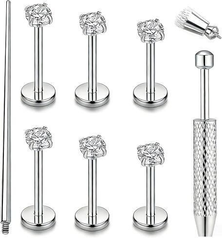 16G 6/8/10mm Flat Back Lip Nose Stud Earrings Surgical Steel Internal Thread for Women Men Hypoallergenic Labret Medusa Piercing Jewelry/Be Equipped With Piercing Ball Grabber Tool in Saudi Arabia