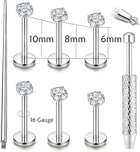 16G 6/8/10mm Flat Back Lip Nose Stud Earrings Surgical Steel Internal Thread for Women Men Hypoallergenic Labret Medusa Piercing Jewelry/Be Equipped With Piercing Ball Grabber Tool in Saudi Arabia
