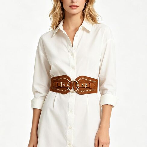 Women Wide Chunky Elastic Waist Belts for Women Dresses Trendy Stretchy Thick Belt Western Wear Studded Rivets Belts in Kuwait