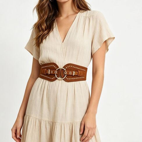 Women Wide Chunky Elastic Waist Belts for Women Dresses Trendy Stretchy Thick Belt Western Wear Studded Rivets Belts in Kuwait