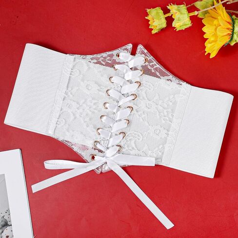 Women Lace Corset Belts Elastic Wide Corset Waist Belt for Shirt Dresses Party Costume Accessories, White in Kuwait