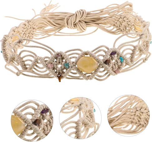 Bohemian Style Woven Waist Belt with Natural Stone Accents Adjustable Braided Waist Rope for Women Dresses Handwoven Boho Belt for Casual and Vintage Outfits in Kuwait