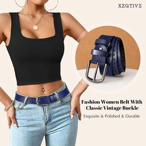 XZQTIVE Hollow Genuine Leather Belts for Women with Pin Buckle, Fashion Casual Waist Belt for Jeans Dress Pants in Kuwait