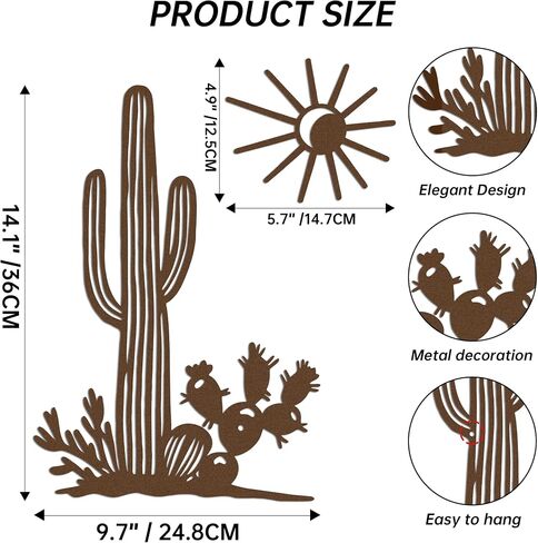 YATEASLU Cactus Wall Art with Sun, Desert Southwest Metal Wall Decor Set - Cactus Wall Decor for Patio, Garden, Living Room, Rustic Southwestern & Desert Decor in Kuwait