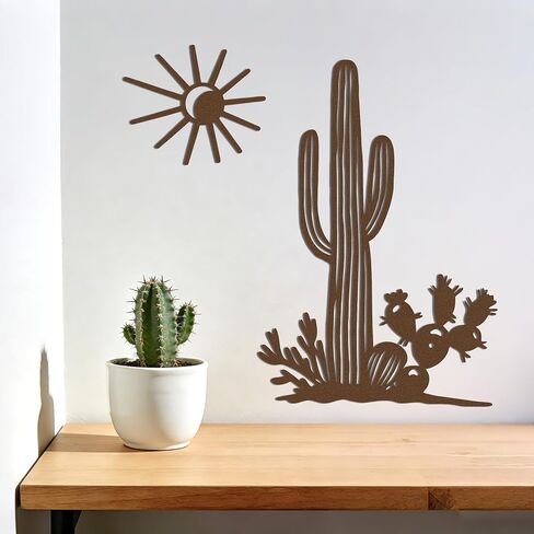 YATEASLU Cactus Wall Art with Sun, Desert Southwest Metal Wall Decor Set - Cactus Wall Decor for Patio, Garden, Living Room, Rustic Southwestern & Desert Decor in Kuwait