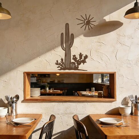 YATEASLU Cactus Wall Art with Sun, Desert Southwest Metal Wall Decor Set - Cactus Wall Decor for Patio, Garden, Living Room, Rustic Southwestern & Desert Decor in Kuwait