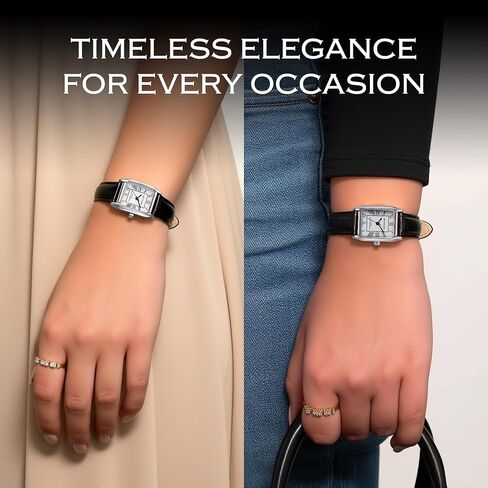 Miykon Silver Vintage Watches for Women - Small Dainty Tank, Square Womens Watch with Black Genuine Leather Strap - Second Hand, Japanese Quartz, Waterproof to 100ft in Kuwait