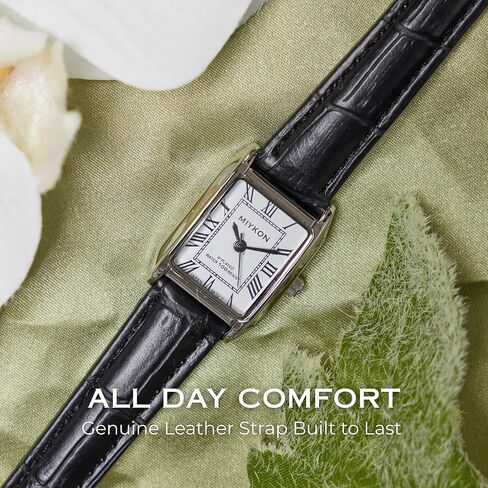 Miykon Silver Vintage Watches for Women - Small Dainty Tank, Square Womens Watch with Black Genuine Leather Strap - Second Hand, Japanese Quartz, Waterproof to 100ft in Kuwait